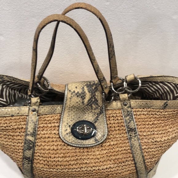 Coach Hampton Python Leather Trim Straw Shoulder Tote - Picture 6 of 12
